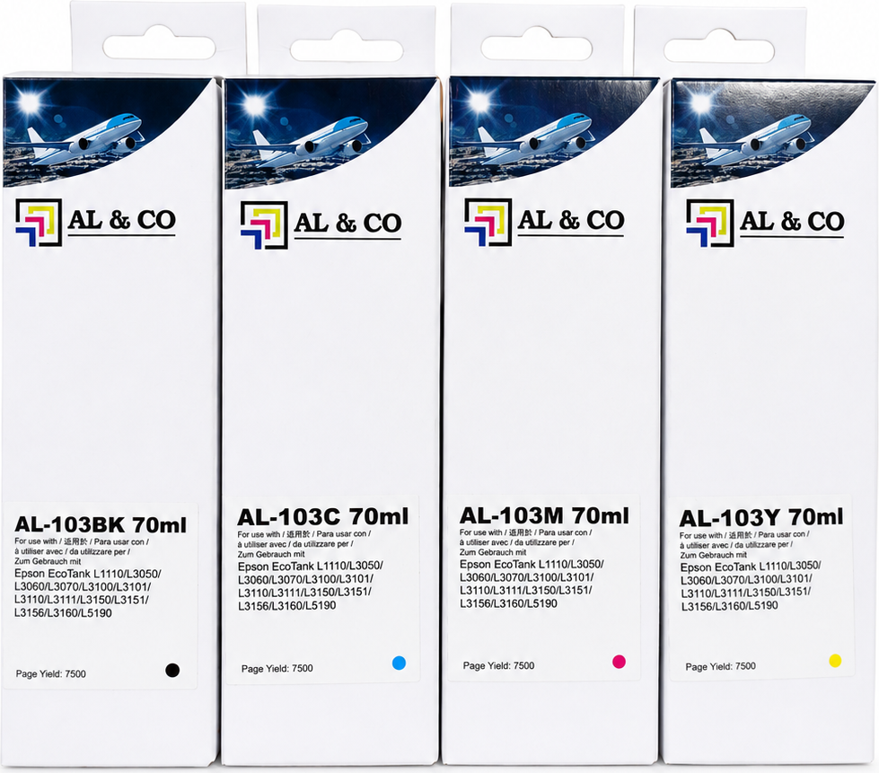 Set Cerneală Compatibil AL&CO pentru Epson 103 (T00S1-T00S4) - 4x70ml CMYK, Filtrare 3 Etape, Randament Mare pentru EcoTank L1110-L5590