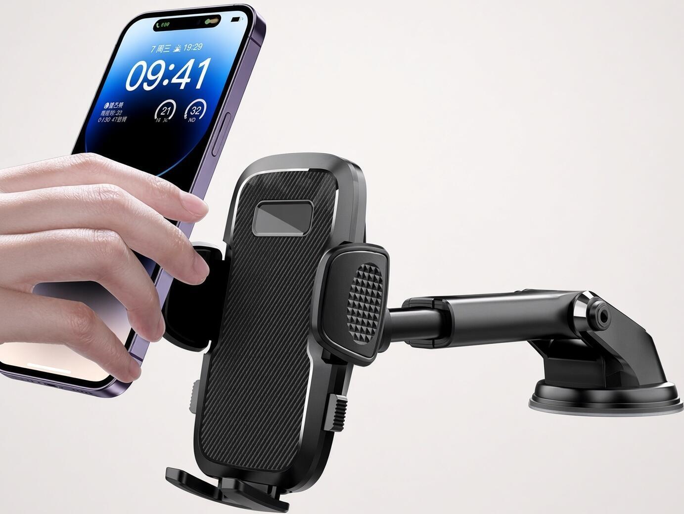 Suport Telefon Auto ML-209, Brat Telescopic Extensibil pana la 160mm, Rotire 360 de Grade, Operare cu o Singura Mana, Ventuza, ABS PC Silicon Negru