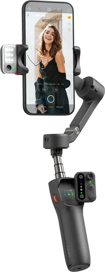 Hohem iSteady V3 3-Axis Smartphone Gimbal Stabilizer, Shadow Black, with Magnetic AI Tracker, Fill Light, Built-in Extension Rod, Tripod and Bluetooth Remote