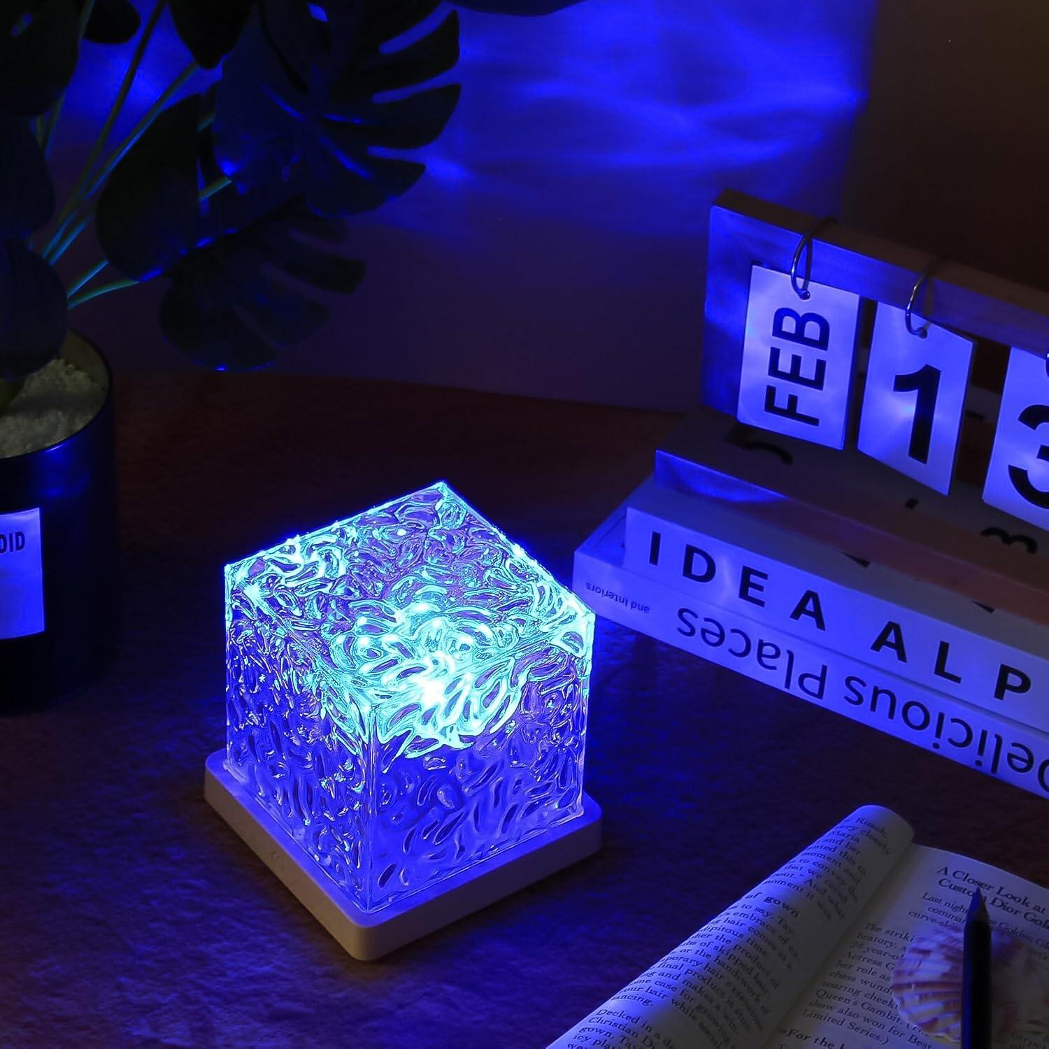 Cube Northern Lights Night Light Projector, 16 RGB Colors, Aurora & Water Ripple Effect, Crystal Acrylic LED Lamp, Remote Control, USB Rechargeable
