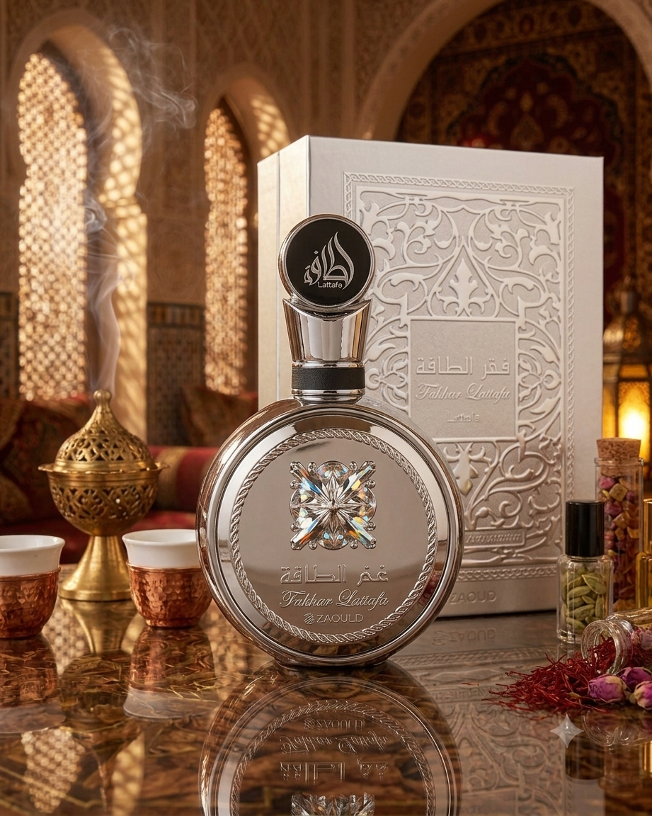 Apă de Parfum Lattafa Fakhar Platinum, Bărbați, 100ml, Parfum Aromatic Fougère cu Note de Palo Santo, Guava și Lemn de Santal