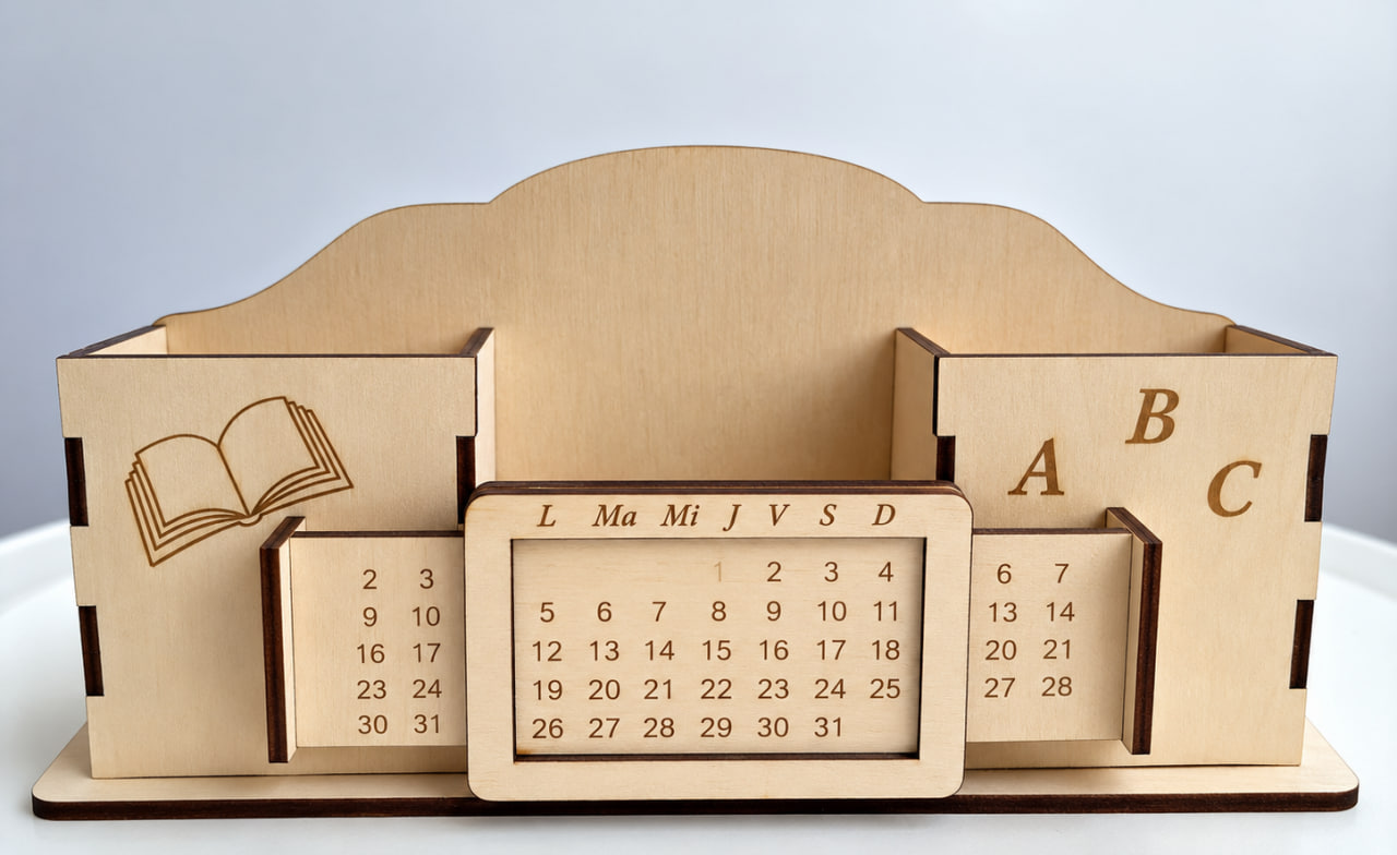 Lemica Organizator Birou pentru Rechizite din Lemn Natural cu Calendar Perpetuu, Bej, 28x7x13 cm, cu Suport pentru Stilouri si Compartimente