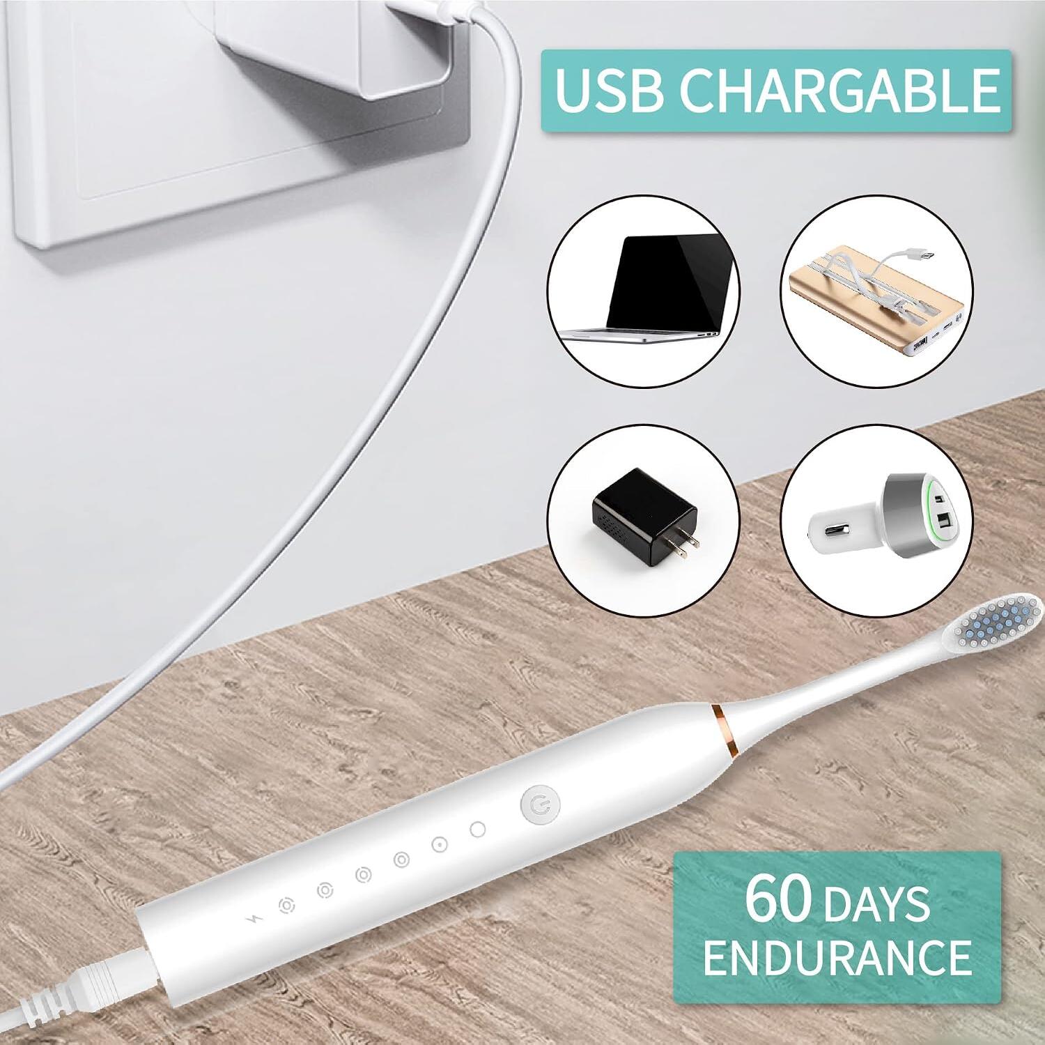 X3 Sonic Electric Toothbrush, IPX7 Waterproof, 42,000 Vibration/min, 5 Cleaning Modes, 30-Day Battery Life, 4 Replacement Heads, Smart Timer
