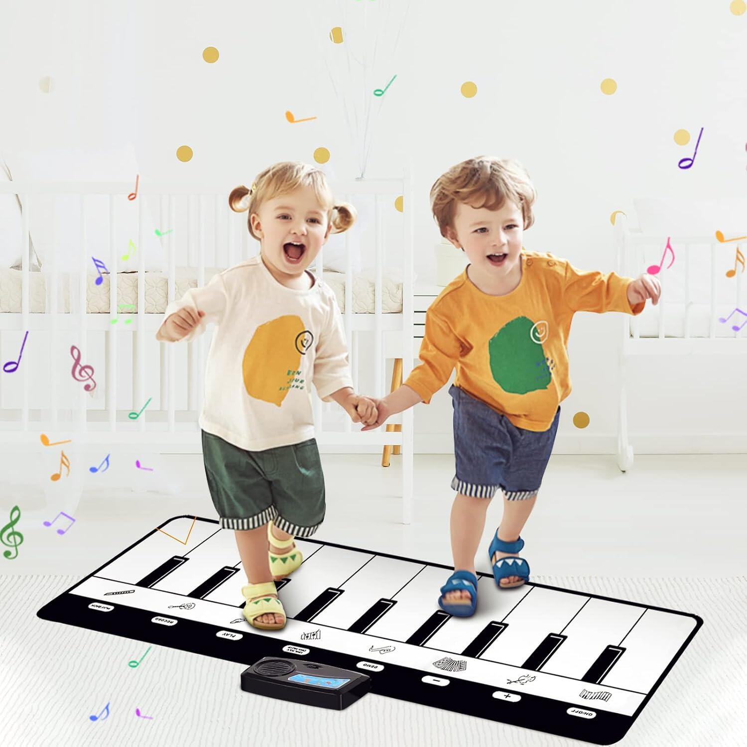 Toddler Instrument Covoraș Muzical Pian pentru Copii, 110x36cm, 10 Clape, 8 Instrumente, 5 Moduri, Jucărie Educativă Pliabilă, Vârstă 1-3 Ani