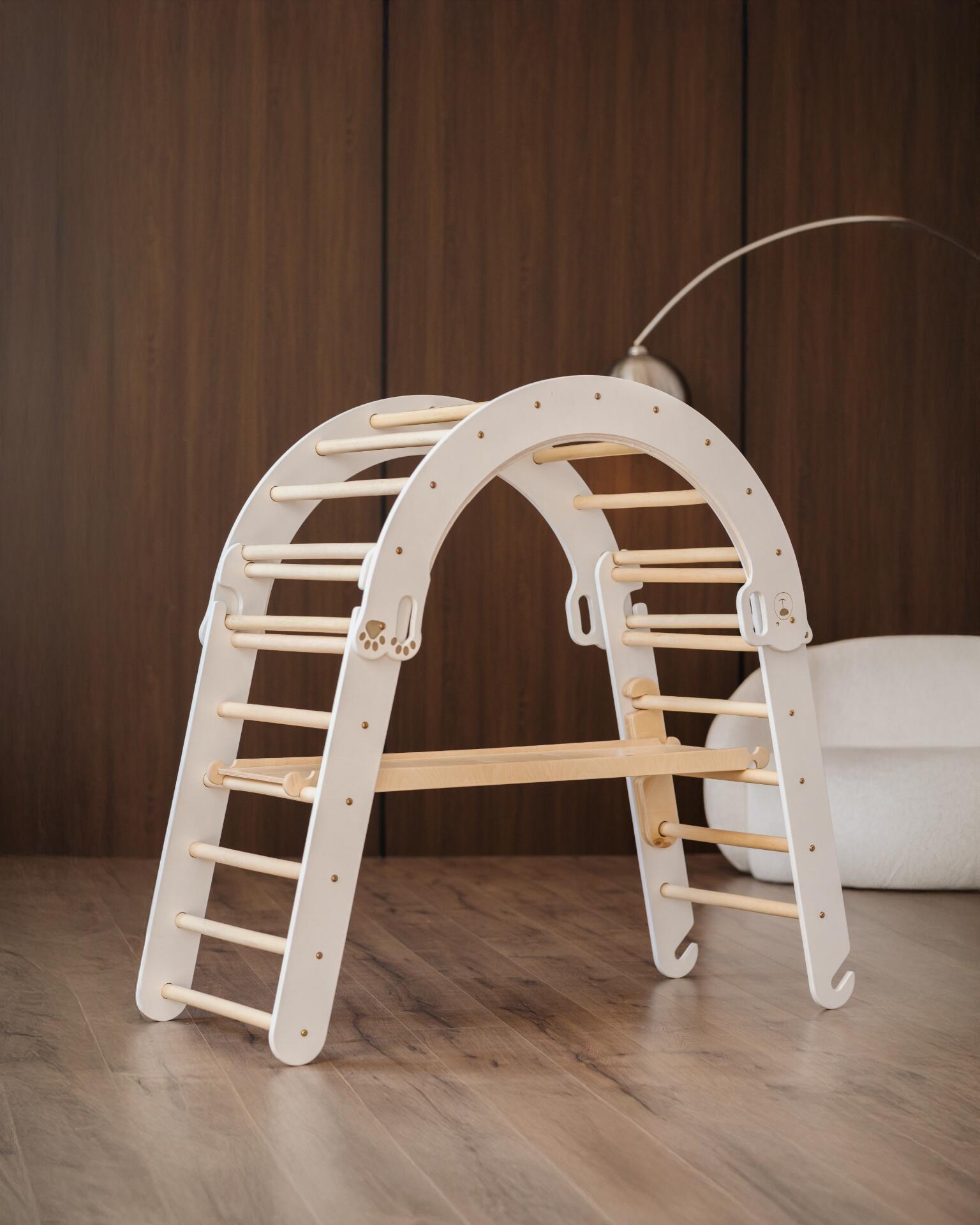 Set de Joacă Modular Pikler Oli.Lioli Bârlog 7-în-1, Triunghi de Cățărat din Lemn, Leagăn în Formă de Urs și Rampă, Gimnastică Montessori pentru Copii 0-10 ani