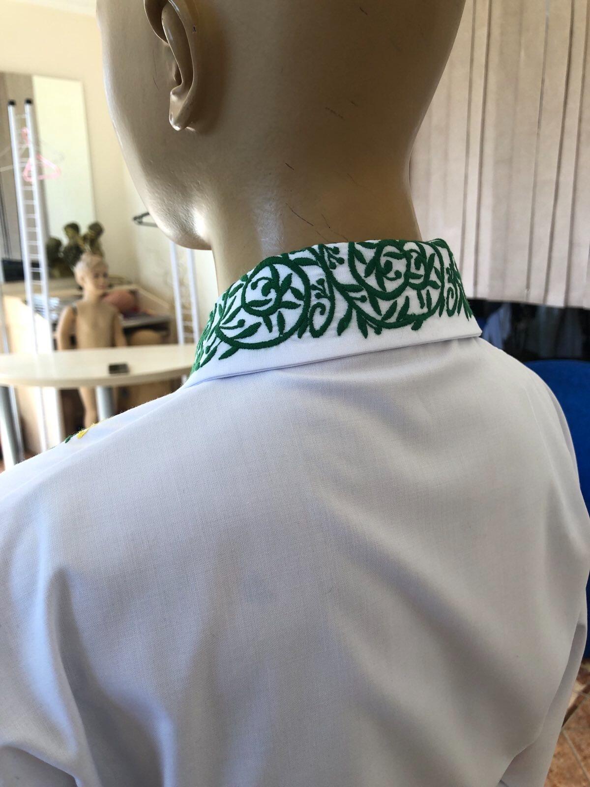 Benefis J 0382(6045) National Moldavian Boy's Shirt, White Magpie Fabric, Long Sleeve with Green and Yellow Machine Embroidery and Red Tassel Tie