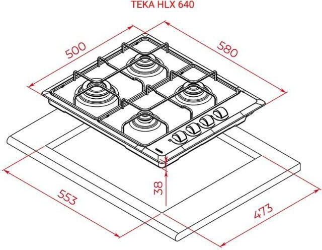 Газовая варочная панель Teka HLX 640 KBC0E BK, 60 см, 4 горелки SABAF Italy, черная эмалированная сталь, электроподжиг, система газ-контроль