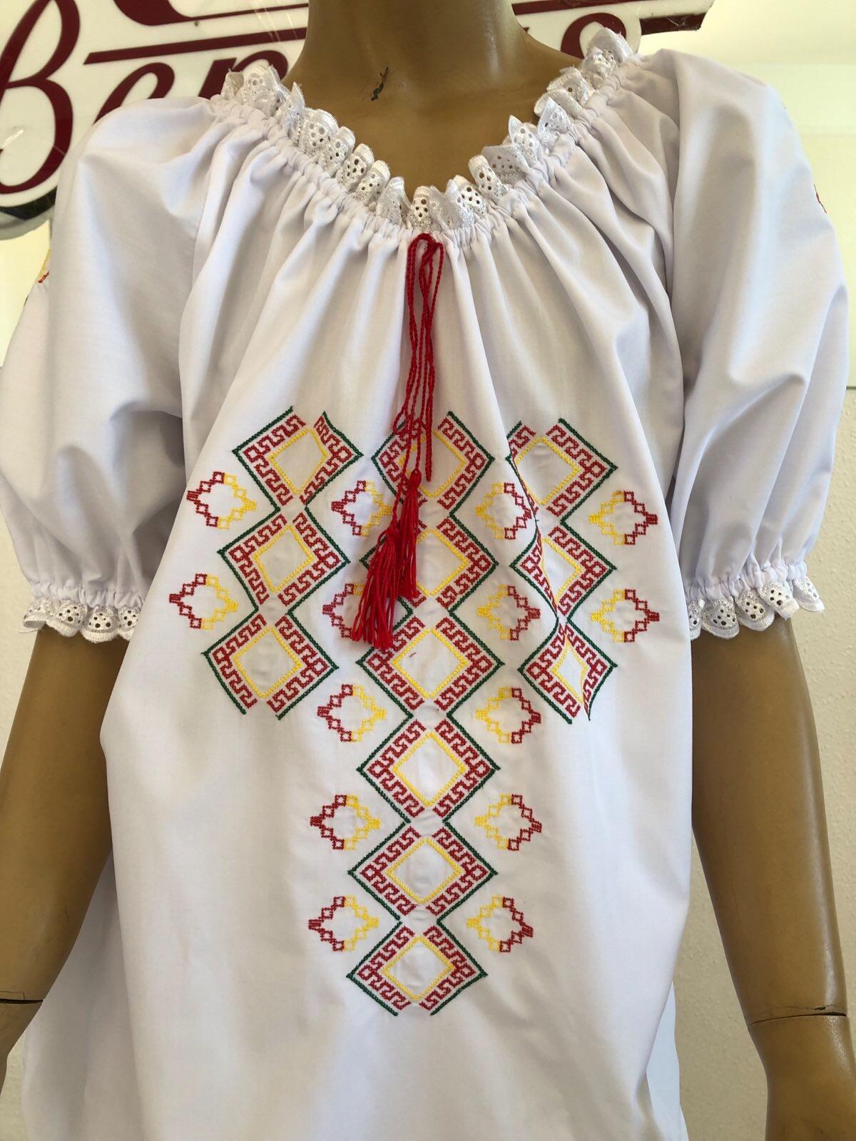 Blaus National Benefis J 0385(6048), Material Camasa, Alb, Broderie Geometrica Mecanizata, Dantela si Snur cu Ciucure, Bust 86-92cm, Sold 94-99cm
