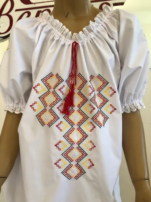 Blaus National Benefis J 0385(6048), Material Camasa, Alb, Broderie Geometrica Mecanizata, Dantela si Snur cu Ciucure, Bust 86-92cm, Sold 94-99cm