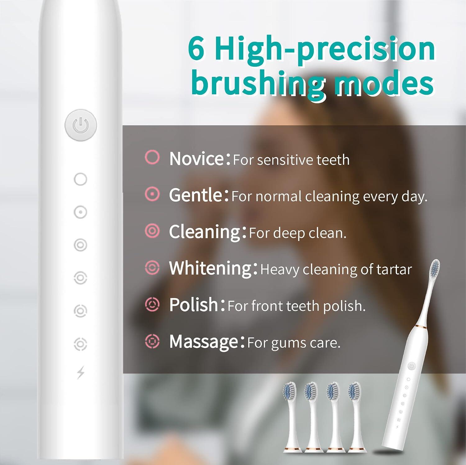 X3 Sonic Electric Toothbrush, IPX7 Waterproof, 42,000 Vibration/min, 5 Cleaning Modes, 30-Day Battery Life, 4 Replacement Heads, Smart Timer