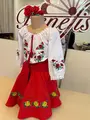 Fustă Națională Moldovenească Tradițională Benefis J 0354 Roșie cu Broderie Florală Galbenă pentru Femei și Fete, Materiale Naturale