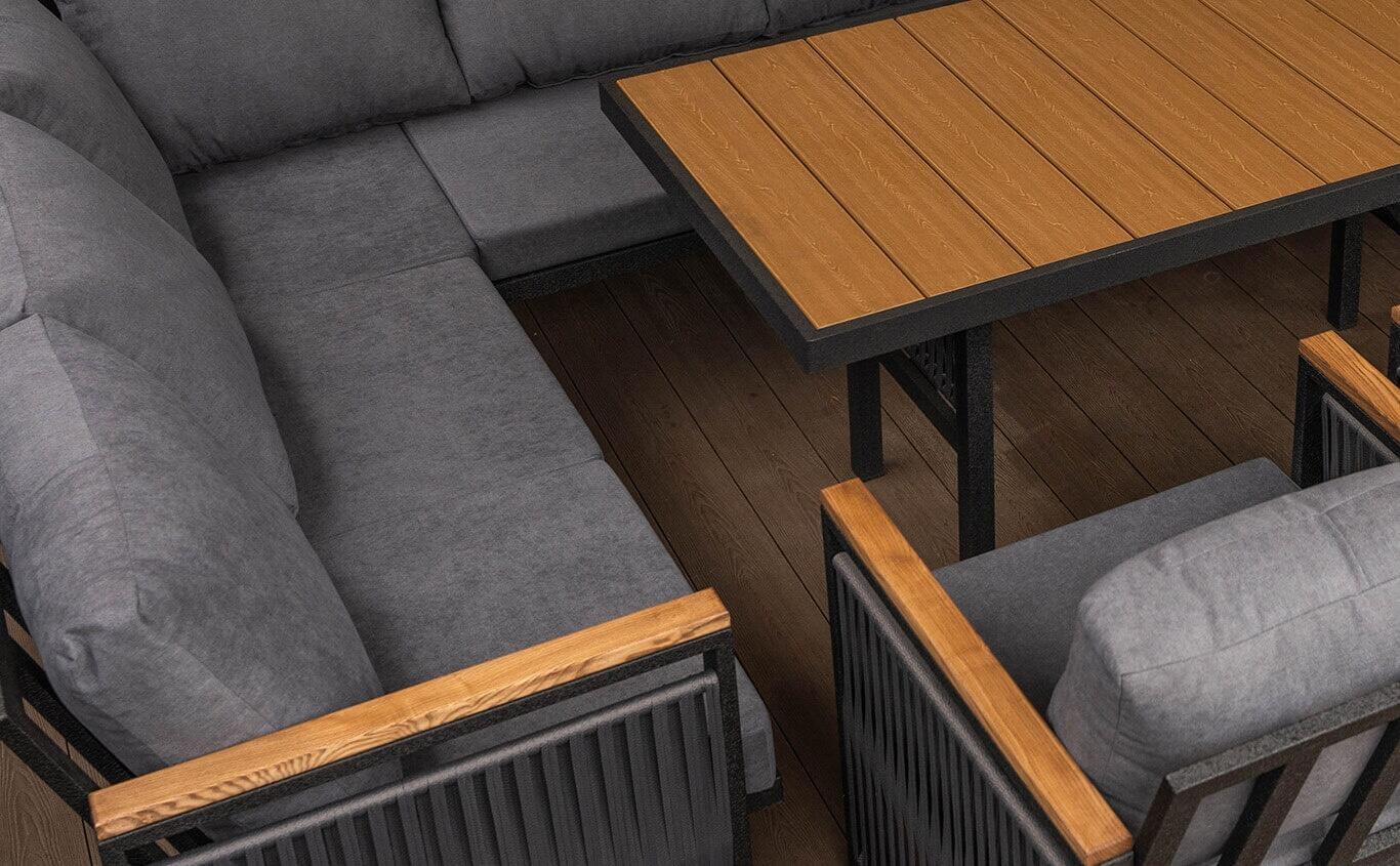 Set Mobilier Grădină YAKAMOZ Premium Loft, 1 Canapea Colț Reversibilă, 2 Fotolii, 1 Masă, 8 Saltele, 8 Perne, Cadru Metal, Detalii Sfoară, Negru