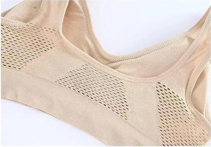 Women's Sports Crop Top Bra - Beige, 2XL, Wireless, Nylon Spandex, Wide Straps, Moisture-Wicking Mesh, Back Cutout, Yoga (60-100 cm)