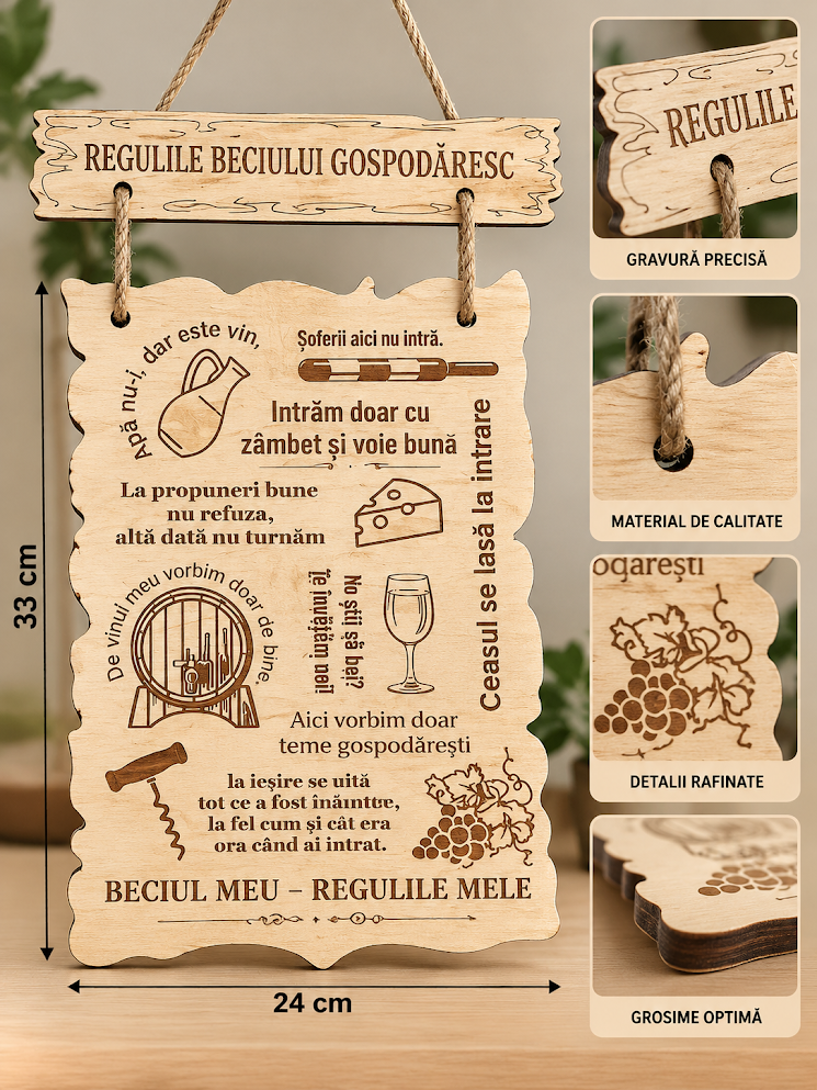 Plăcuță decorativă Lemica Regulile beciului gospodăresc, lemn natural cu gravură maro, decor rustic pentru pivniță și cramă, 24 x 33 cm, cu șnur