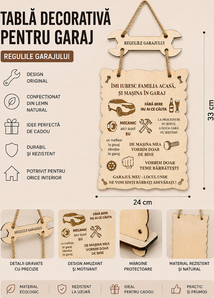 Tablă Decorativă Lemica pentru Garaj, Tema Regulile Garajului, Lemn Natural, Gravură Laser, 24 x 33 cm, Design cu Unelte Auto și Cuciori pentru Chei