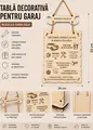 Tablă Decorativă Lemica pentru Garaj, Tema Regulile Garajului, Lemn Natural, Gravură Laser, 24 x 33 cm, Design cu Unelte Auto și Cuciori pentru Chei
