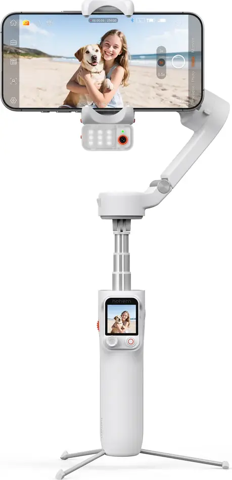 Hohem iSteady V3 Ultra 3-Axis Smartphone Gimbal Stabilizer with Detachable Touchscreen Remote, AI Tracking, Fill Light and Extension Rod - Arctic White