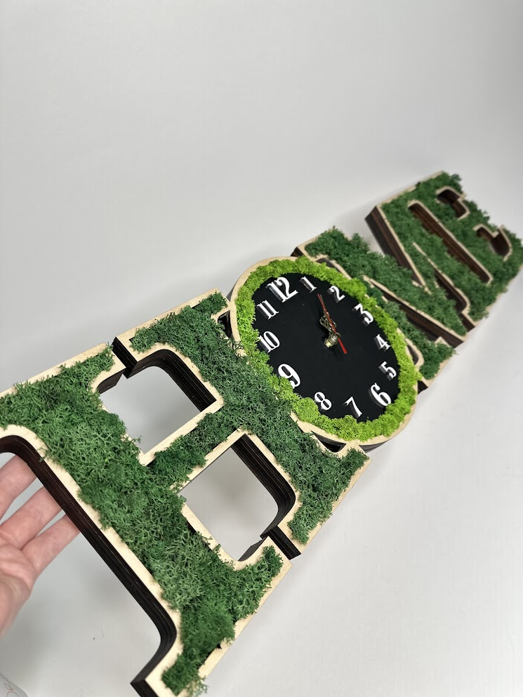 Lemica HOME Decorative Wall Clock, Natural Wood and Stabilized Moss, Silent Mechanism, 81 x 21 cm, Modern Ecological Home Decor