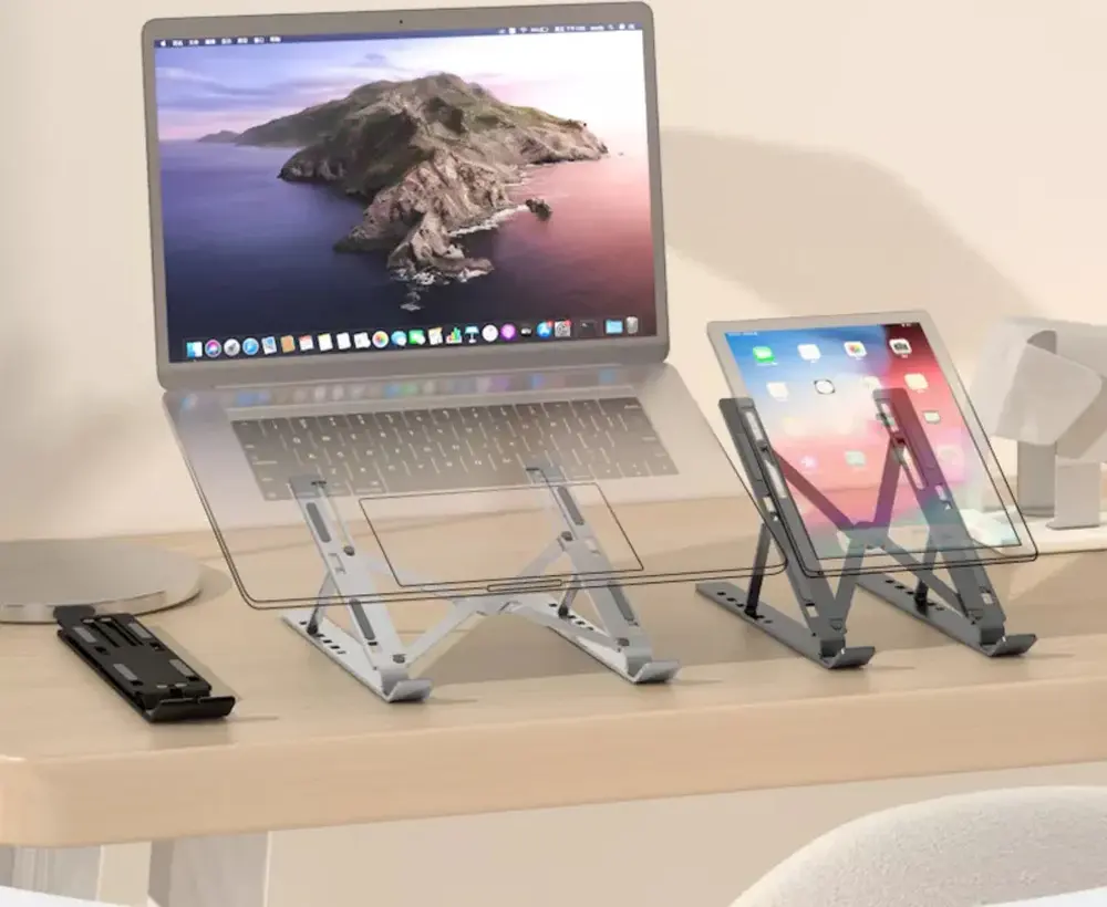 Universal Aluminum Foldable Laptop Stand, 7-Level Adjustable Ergonomic Portable Holder for Laptops and Tablets, Cooling Design, Storage Pouch
