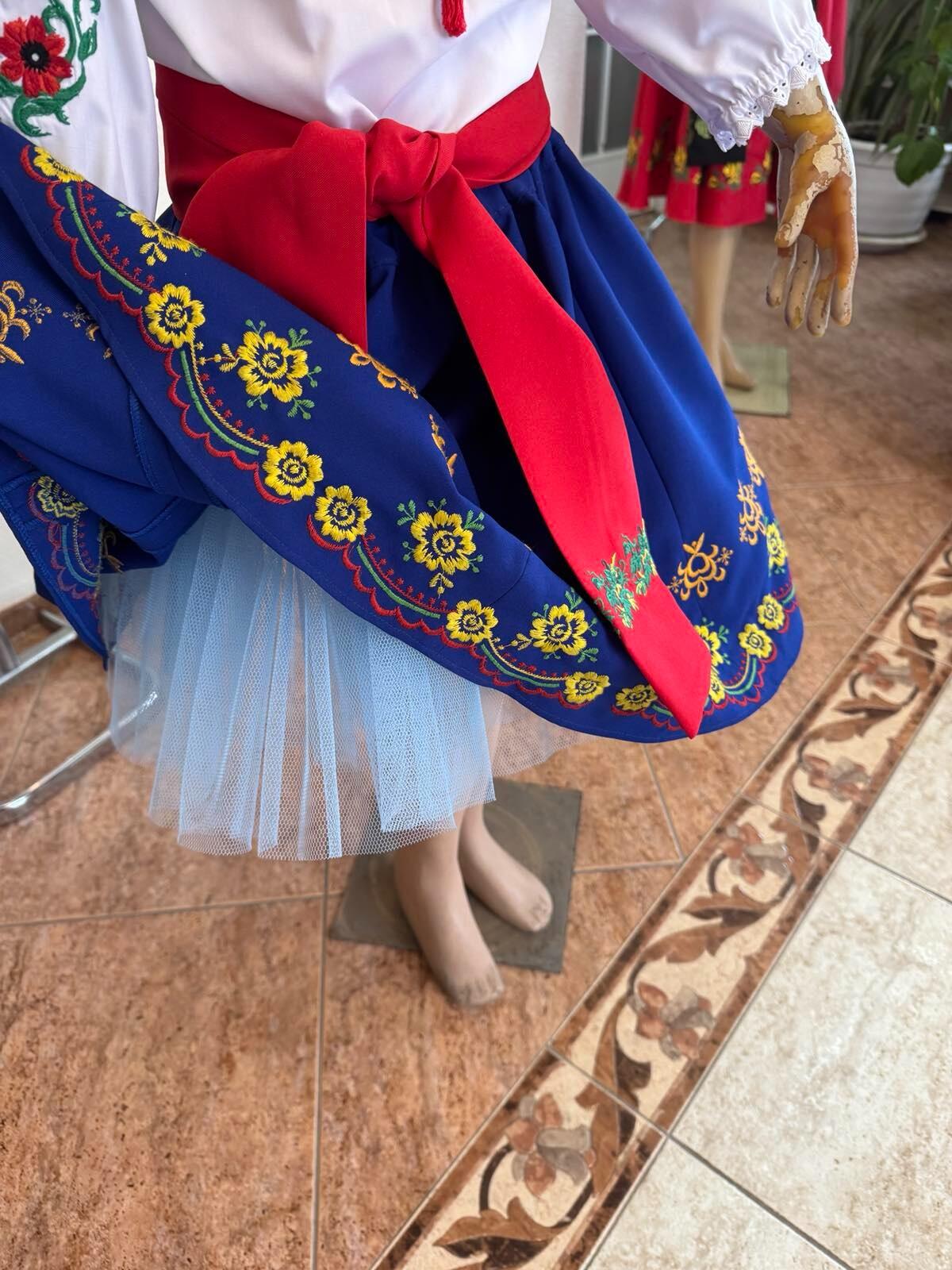 Benefis J 0113 Moldovan National Skirt Set of 2 for Girls, Blue with Floral Embroidery, Natural Materials, includes Tulle Petticoat