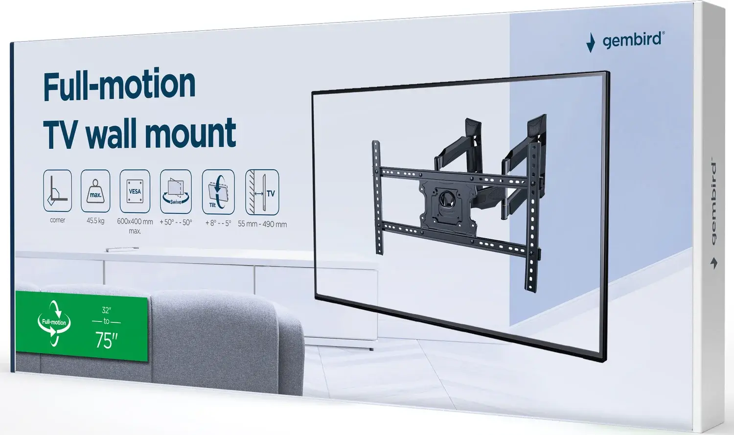 Suport TV de perete Gembird WM-75ST-02 cu braț dublu mobil pentru ecrane 32-75 inch, VESA pana la 600x400mm, Capacitate 45kg, Înclinare -5/+8 grade, Negru