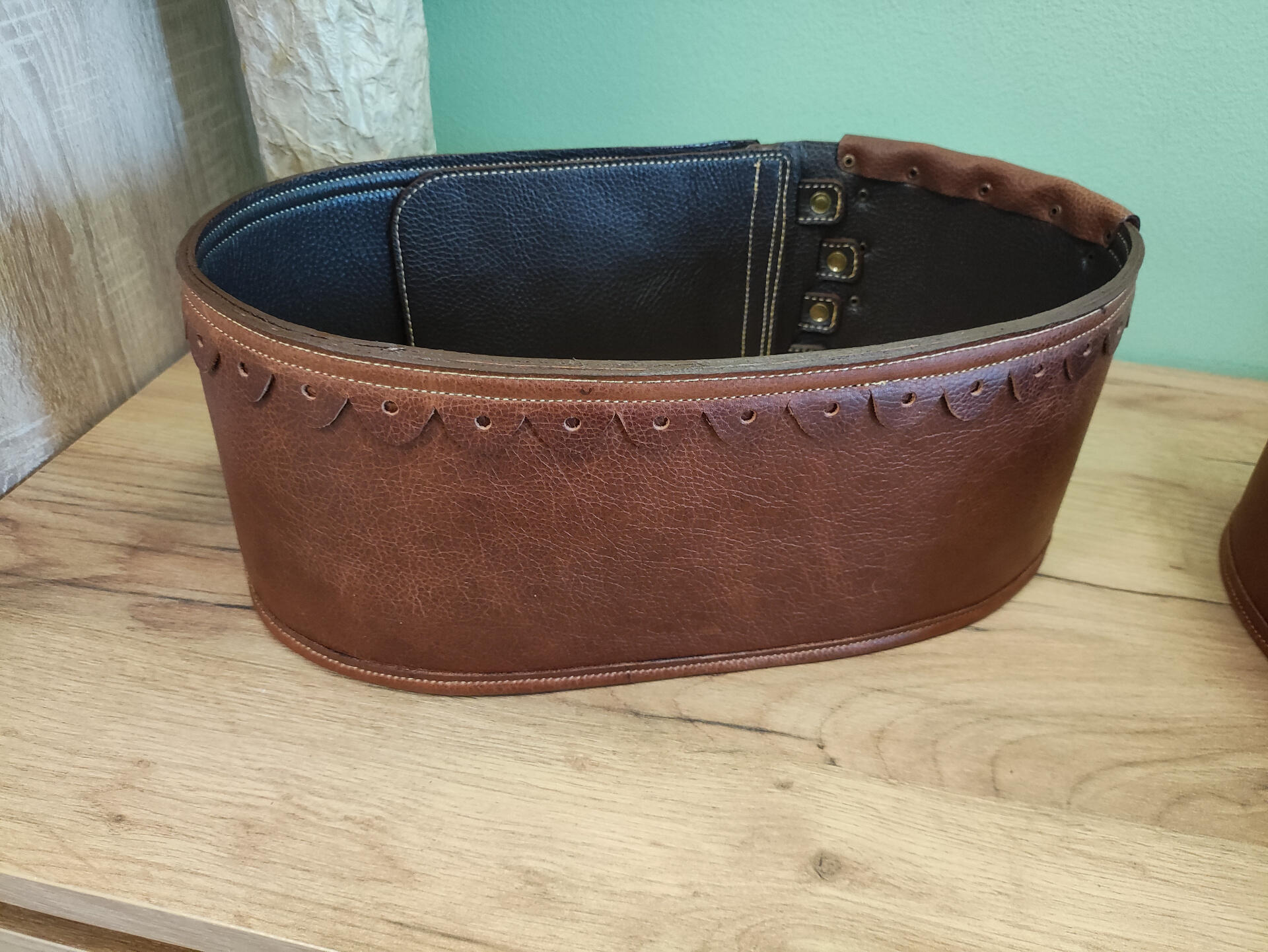 Traditional Romanian Black Leather Chimir Belt, Handmade Natural Leather, Wide Folk Costume Accessory with 3 Buckles, Metal Rivets and Leather Pocket