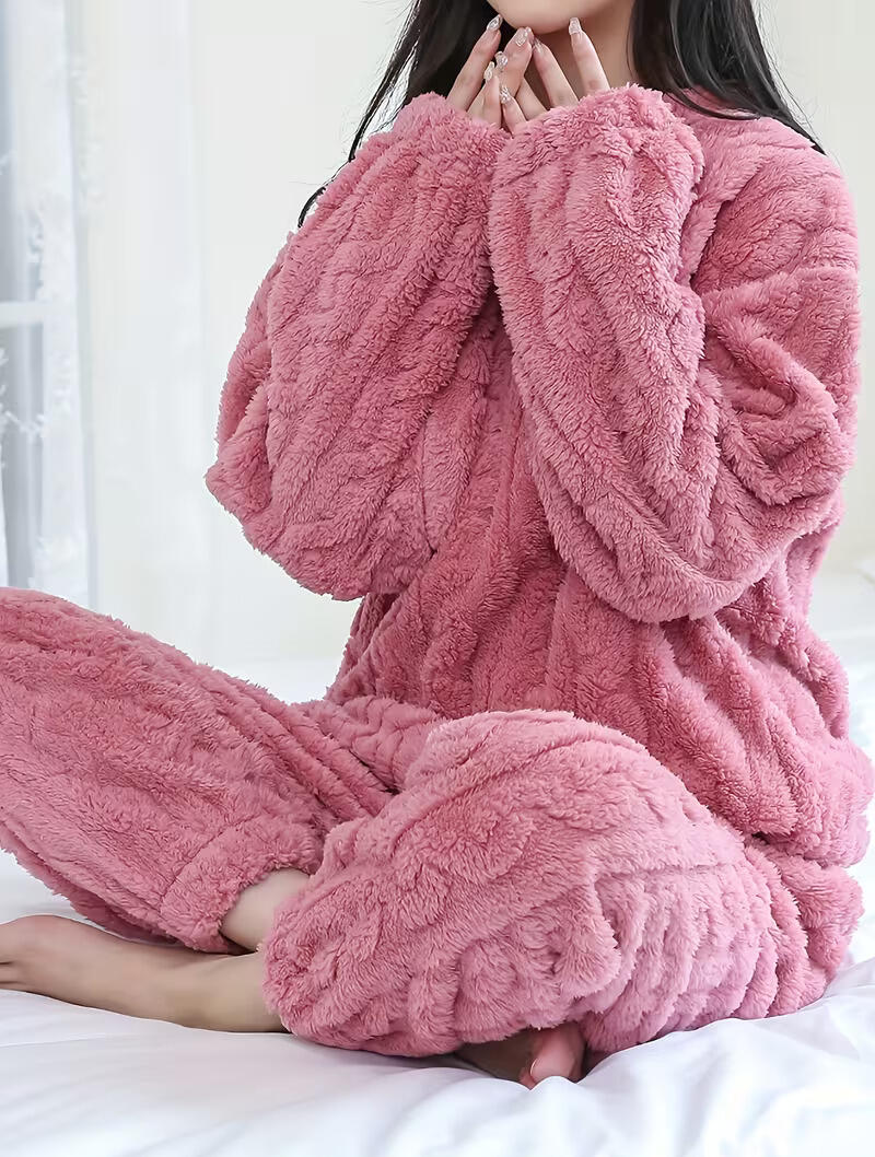 Set de pijamale din fleece pentru femei SANWOOD, roz, calduros, moale, cu mânecă lungă și pantaloni lungi, îmbrăcăminte de iarnă pentru dormit