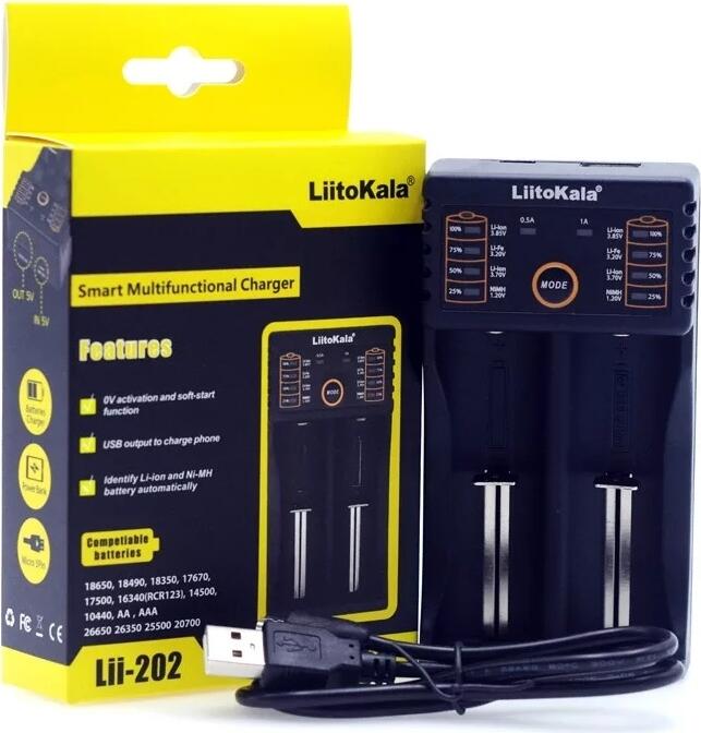Încărcător Inteligent Universal LiitoKala Lii-202, 2 Sloturi, Funcție Power Bank, 500mA/1000mA pentru 18650 26650 AA AAA Li-ion Ni-MH LiFePO4