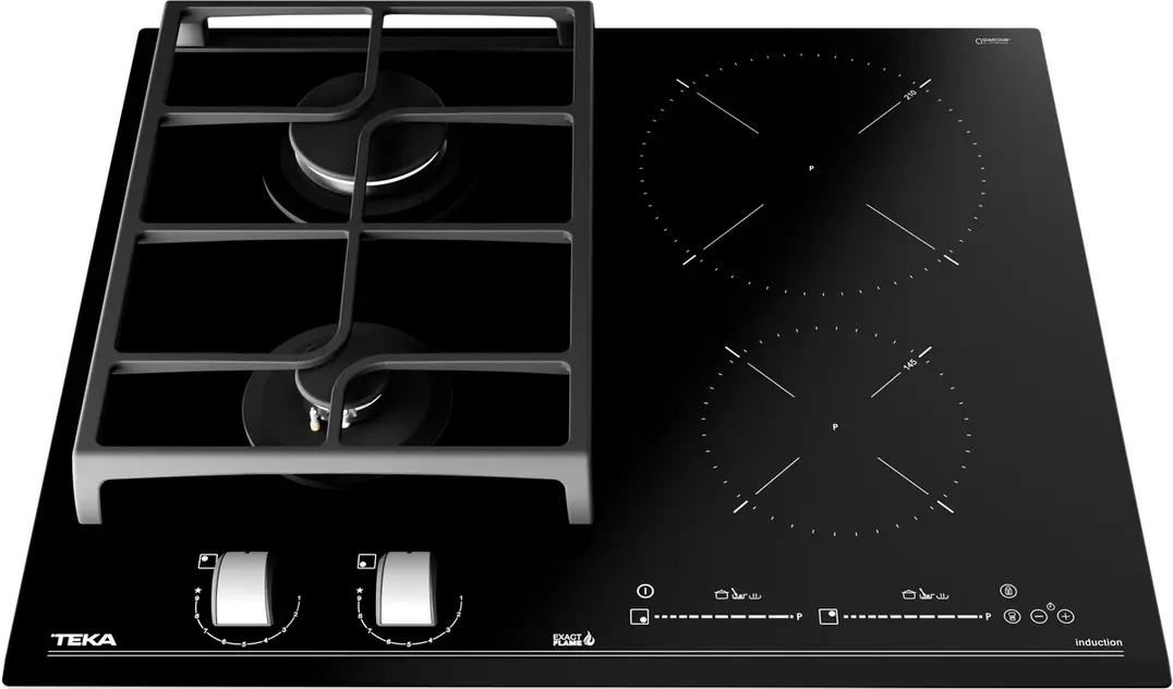 Комбинированная варочная панель Teka JZC 64322 ABN BK, газ на стекле и индукция, 4 конфорки (2 газ + 2 индукция), управление MultiSlider Touch, чугунные решетки