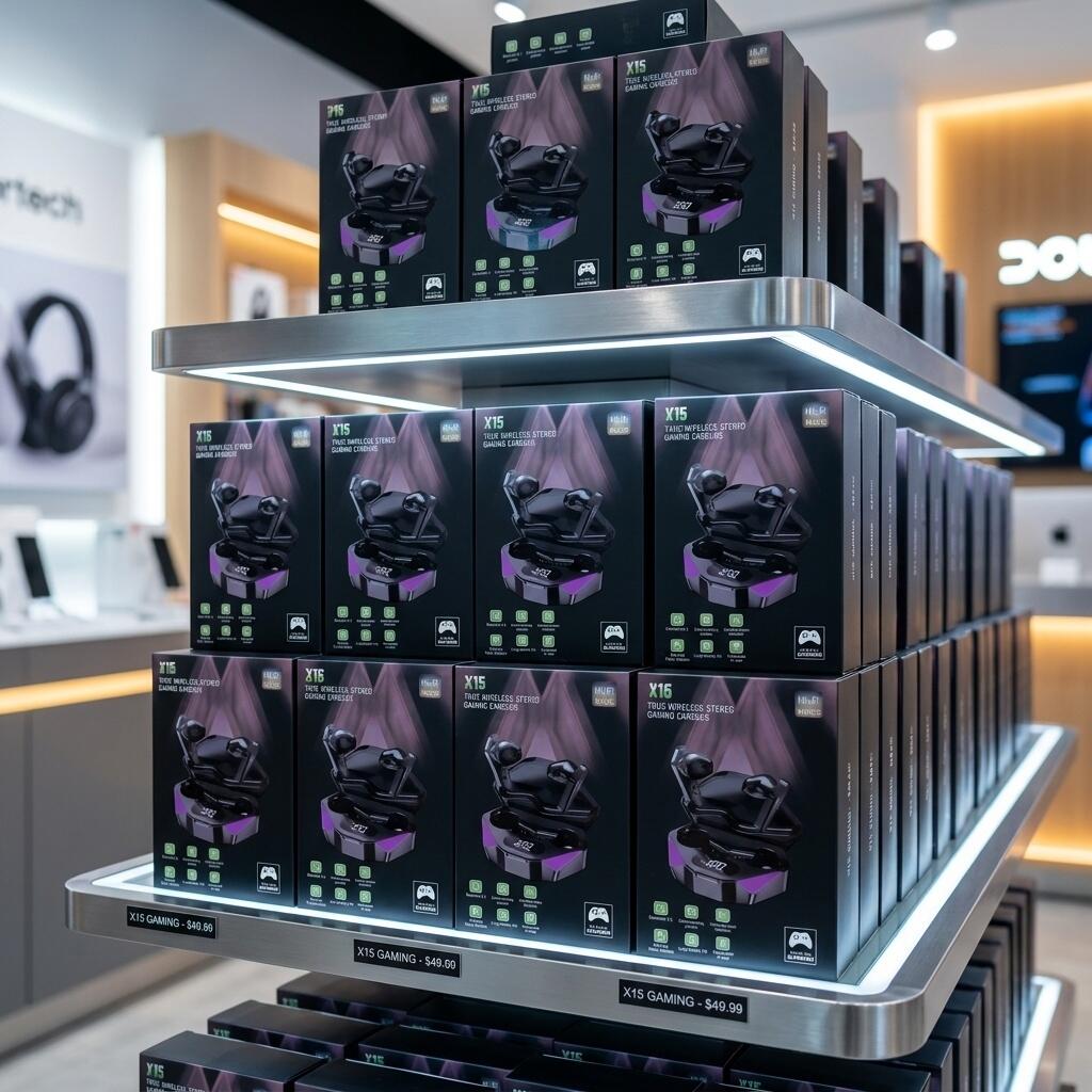 Игровые беспроводные наушники X15, TWS Bluetooth 5.3 Hi-Fi Stereo, задержка 65 мс, зарядный кейс 1200 мАч с LED-дисплеем, шумоподавление, встроенный микрофон