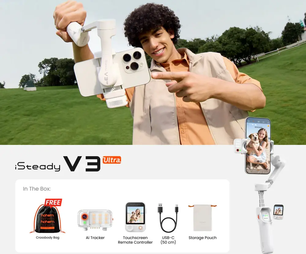 Hohem iSteady V3 Ultra 3-Axis Smartphone Gimbal Stabilizer with Detachable Touchscreen Remote, AI Tracking, Fill Light and Extension Rod - Arctic White