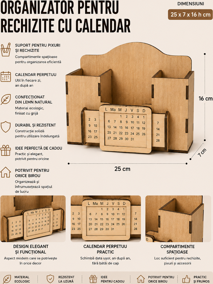 Lemica Wooden Desk Organizer for Stationery and Supplies with Integrated Perpetual Calendar, Natural Brown Wood, 25x7x16 cm