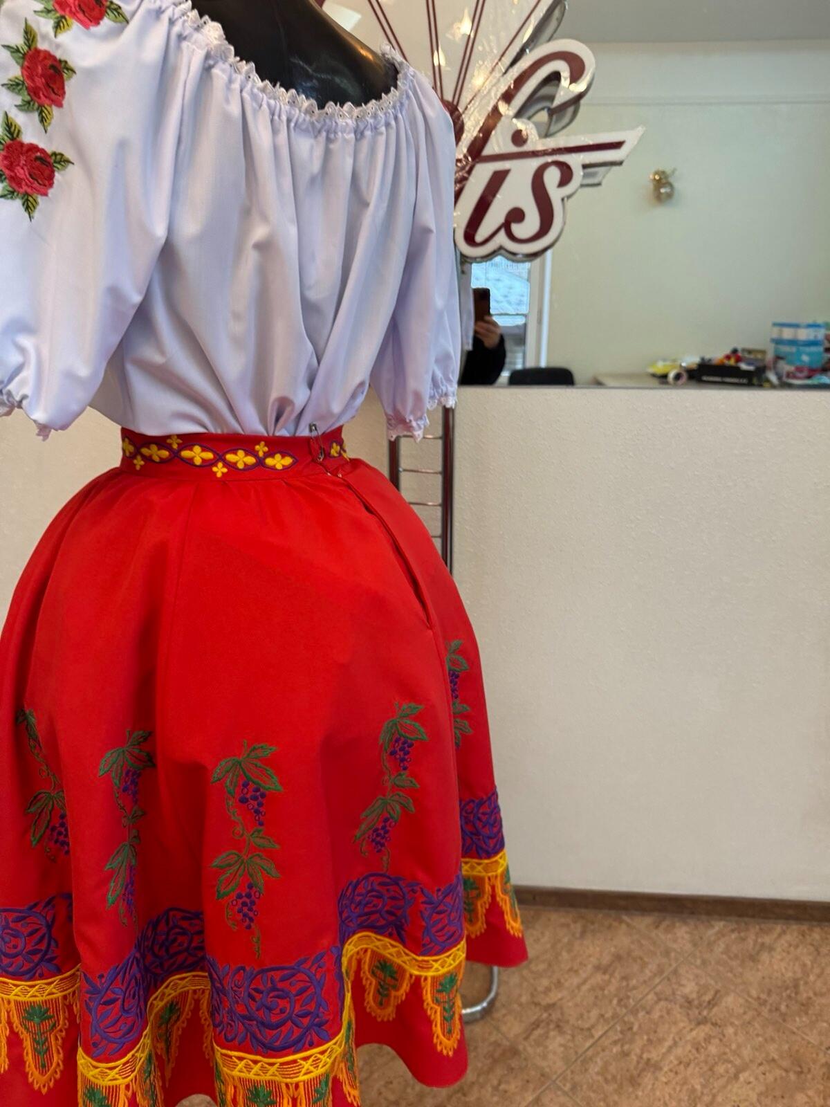 Benefis Moldovan National Traditional Skirt J 0363(4931) for Women, Red Natural Material with Grape and Vine Embroidery in Green, Purple, Yellow, and Blue