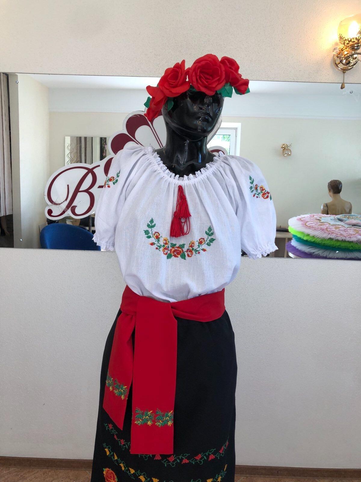 Benefis J 0391(4075) Women's Traditional Moldovan National Blouse, White Natural Cotton with Floral Machine Embroidery and Red Tassel