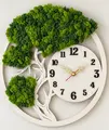 Lemica Stabilized Moss Wall Clock, Tree-shaped Design, White, Natural Engraved Wood Frame, 100% Natural Moss, Silent Mechanism, 30 cm, Customizable