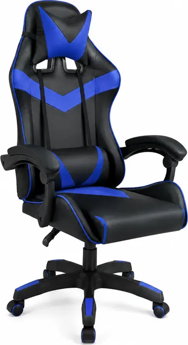 Racing Style Gaming Chair, Eco Leather Gamer Seat with Headrest and Lumbar Support Pillows, 5-Star Base with Casters, Max Weight 150kg, Blue and Black