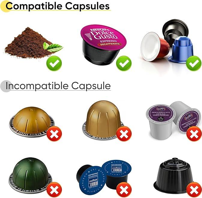 Meseto Портативная кофемашина 3 в 1, давление 20 бар, совместима с капсулами Nespresso, Dolce Gusto и молотым кофе, аккумулятор 7500 мАч, зарядка USB-C, функция нагрева воды, резервуар 60 мл, дорожная кофеварка для автомобиля, кемпинга и офиса