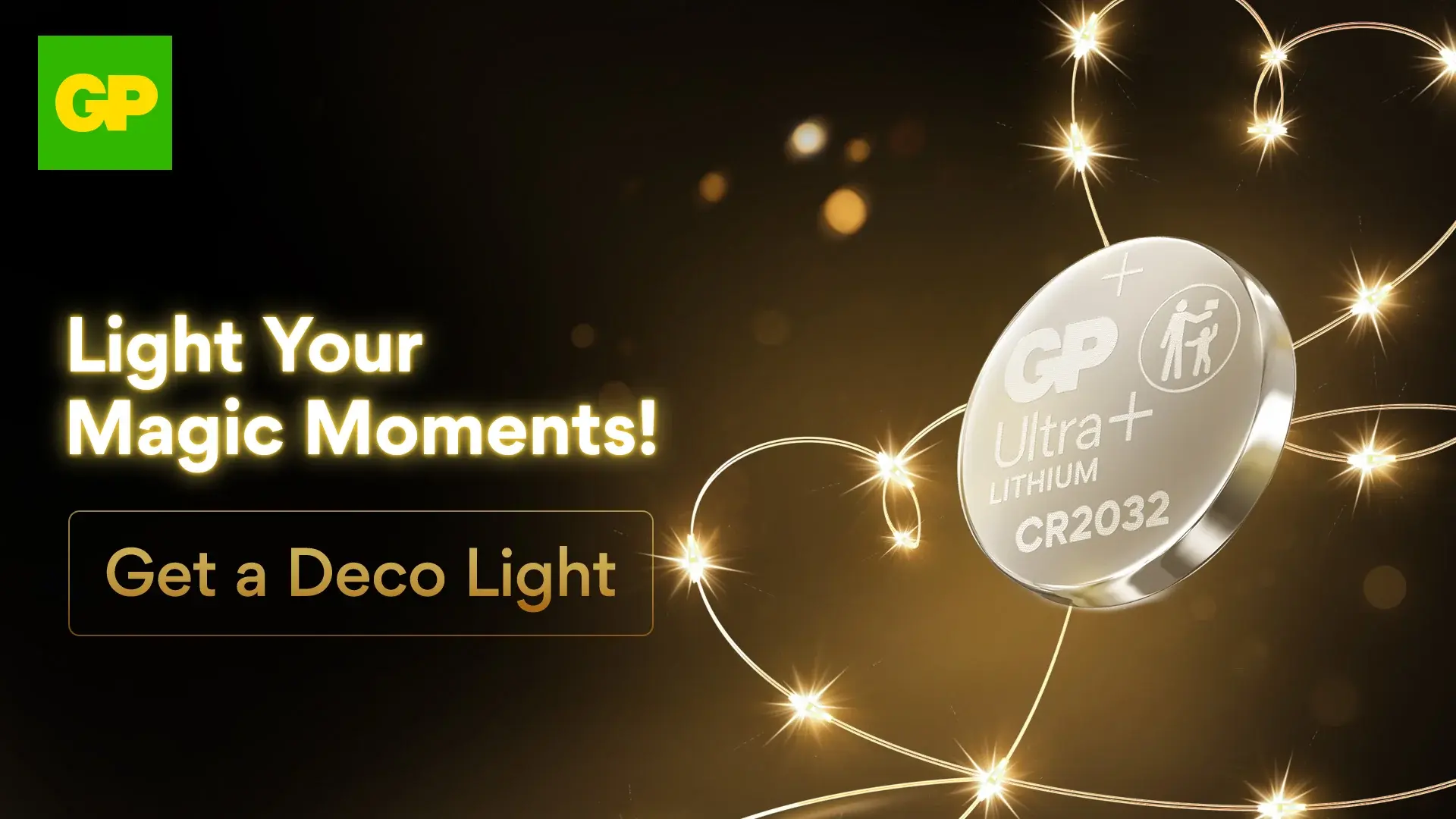 GP Ultra+ CR2032 3V Lithium Coin Cell Batteries, Wavy Net Technology, 10-Pack with Bonus LED Deco Light Garland