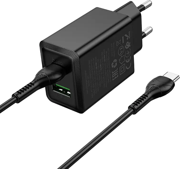Hoco N71 New Wall Charger Set PD 30W + QC 3.0 Dual Port USB-C and USB-A Fast Charging Adapter with 1m USB-C to USB-C Cable EU Plug Black