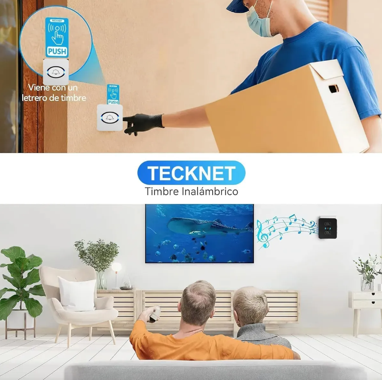 Kit Sonerie Wireless Tecknet, Set de 3 piese (1 Transmiter, 2 Receptoare), Raza 100m, 62 de Melodii, 4 Nivele Volum, IP44 Rezistenta la Apa