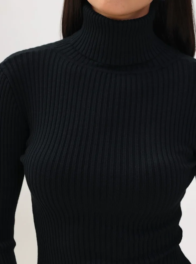 Rochie Pulover ESFASHION cu Guler Înalt, Culoare Vișiniu, Croială Slim Fit din Tricot Canelat din Amestec de Cașmir și Lână, Mărime Universală, Lungime 85cm