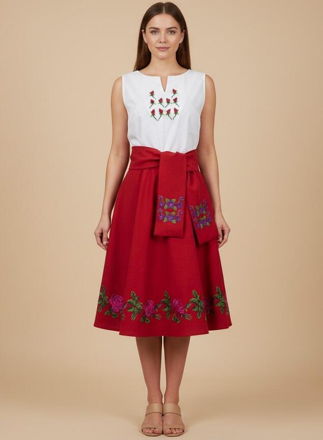 Bluza Nationala Moldoveneasca Benefis J 0234, Bumbac Natural Alb, Broderie Mecanizata in Stil Folk cu Trandafiri Rosii, Fara Maneca, V-neck, Marime M