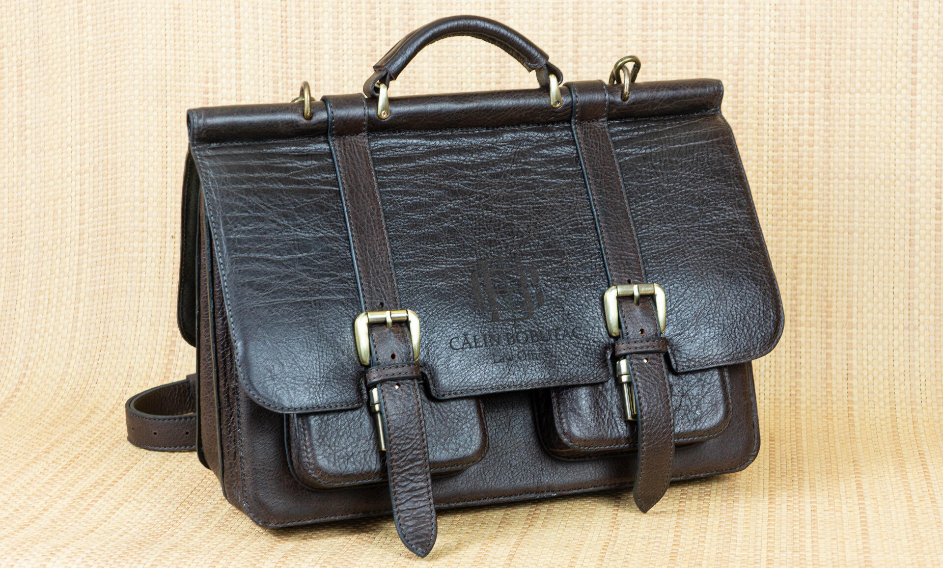 Brown Natural Leather Lawyer's Briefcase with 2 Wide Compartments, 4 Pockets, Top Handle and Adjustable Shoulder Strap, 40x27x25 cm, Customizable