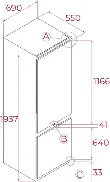 Teka RBF 78780 FI Built-in Combi Refrigerator, LongLife No Frost, Energy Class E, 222L Net Capacity, ZeroBox, LED Lighting, White, 1937x690x550 mm