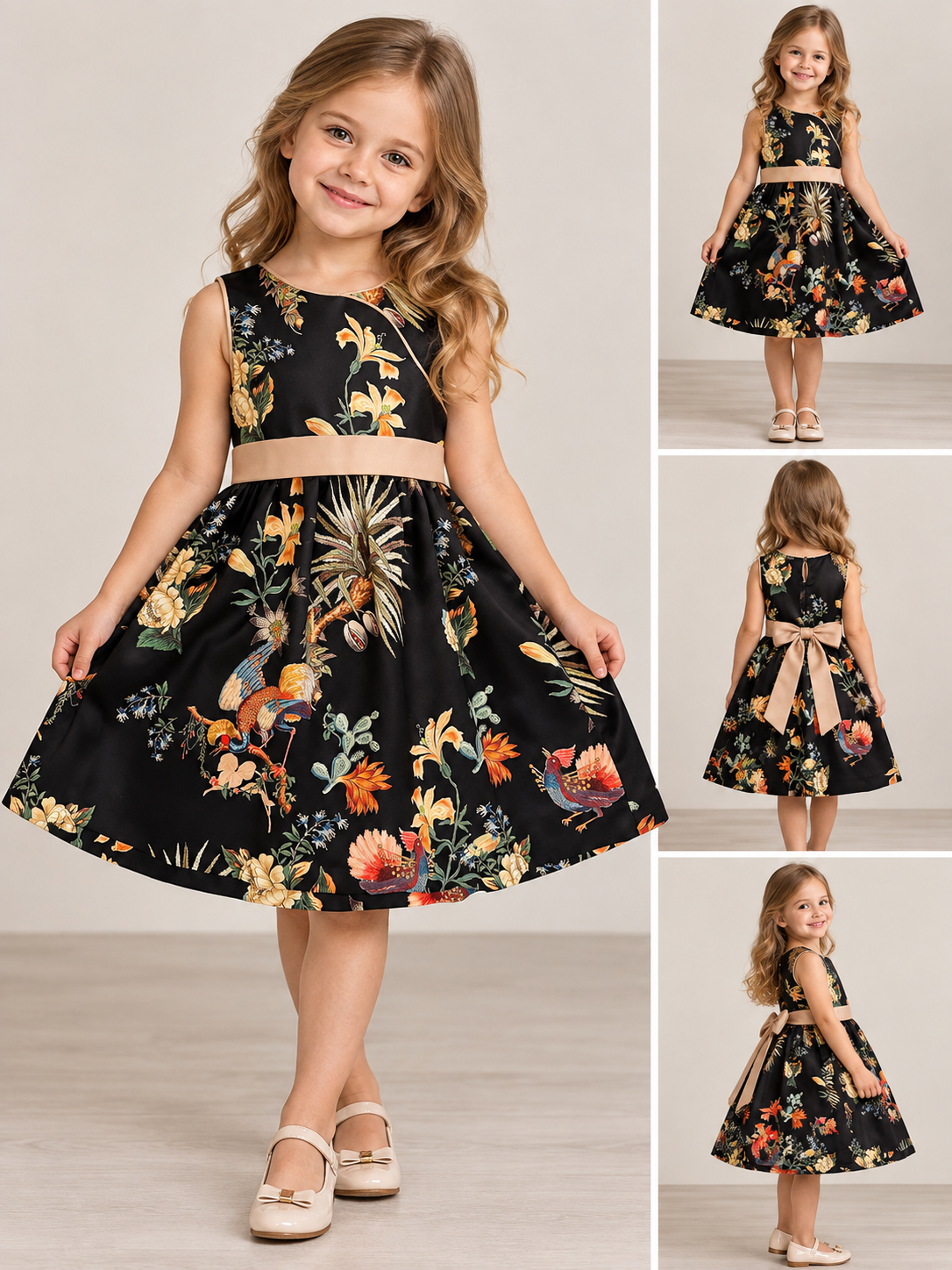 Rochie fata Ilette Atlas D1807 fara maneca, 10 ani, neagra cu imprimeu floral si pasari multicolor, centura din satin cu fund, croiala A-line