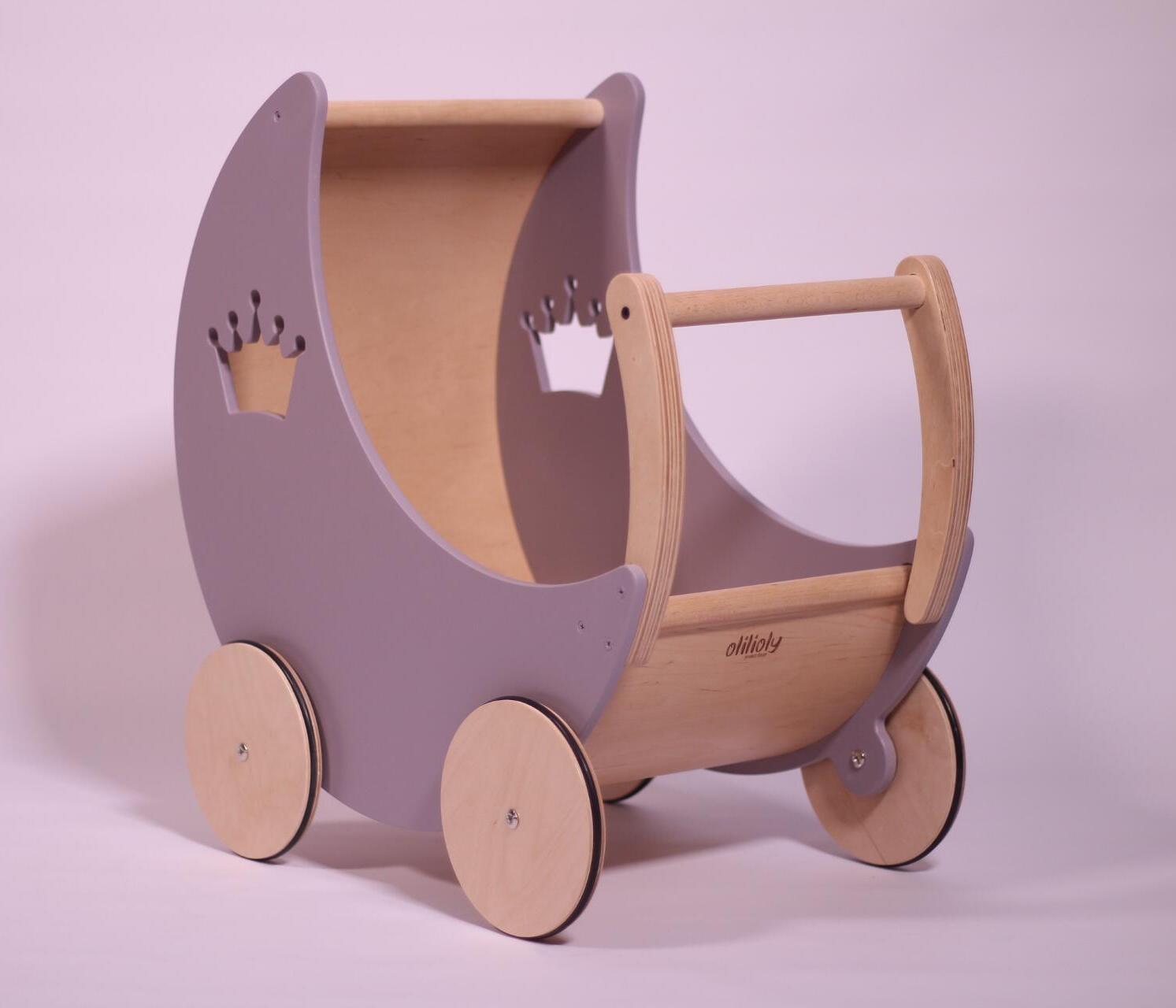 Căruțas pentru Păpuși și Walker din Lemn pentru Bebeluși, Gri, Jucărie de Rol din Lemn Masiv cu Roți cu Cauciuc, Design cu Coroană, Personalizabil cu Nume