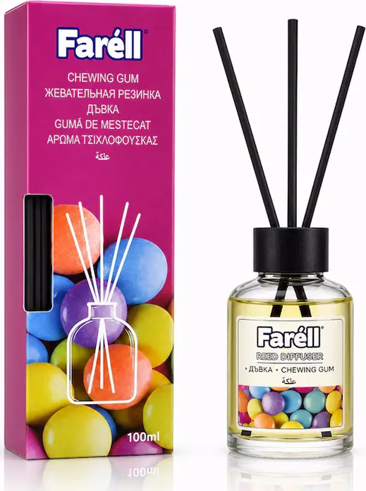 Difuzor de Parfum Parfumat Farell 058 FAOK, 100ml Aroma Chewing Gum, Odorizant de Ambient cu Sticla de Sticla și Bețe Negre