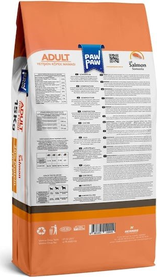 Pawpaw Adult Dog Food with Salmon, 15 kg, for All Breeds and Sizes, 20% Protein, 10% Fat, Omega 3 & 6 Fatty Acids