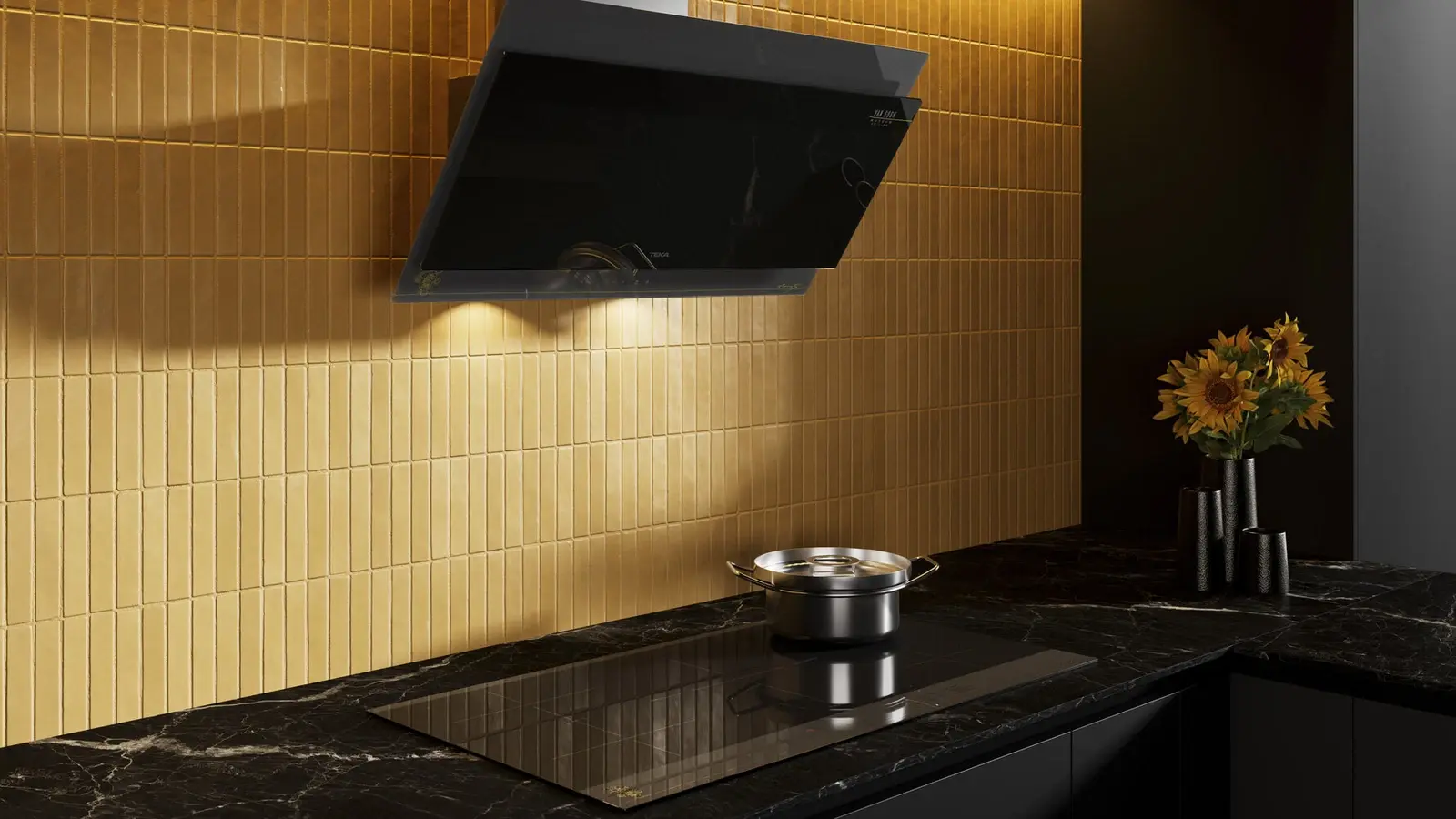 Hota Decorativă Verticală Teka DVT-VG 98660 Ediție Van Gogh Museum, Sticlă Neagră și Oțel Champagne, 900mm, Motor EcoPower, Control Touch, Iluminare LED