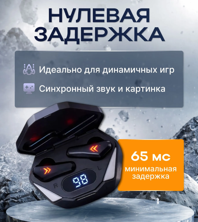 Игровые беспроводные наушники X15, TWS Bluetooth 5.3 Hi-Fi Stereo, задержка 65 мс, зарядный кейс 1200 мАч с LED-дисплеем, шумоподавление, встроенный микрофон
